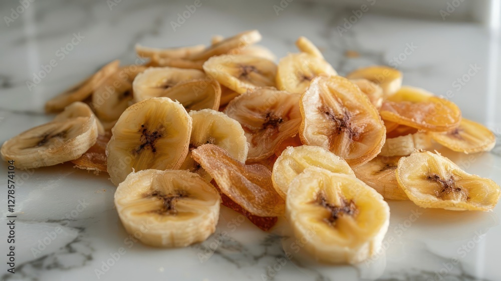 A pile of dried banana slices arranged on a marble surface, showcasing their texture and color. A pile of dried banana slices arranged on a marble surface, showcasing their texture and color.