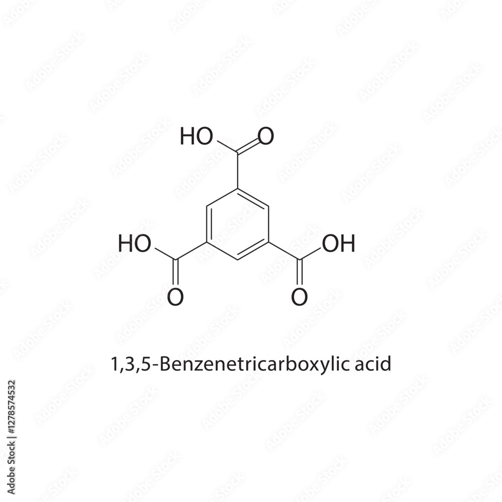 1,3,5-Benzenetricarboxylic acid skeletal structure.Carboxylic Acid compound schematic illustration. Simple diagram, chemical formula. 1,3,5-Benzenetricarboxylic acid skeletal structure.Carboxylic Acid compound schematic illustration. Simple diagram, chemical formula.