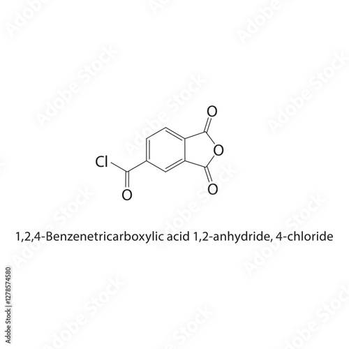 1,2,4-Benzenetricarboxylic acid 1,2-anhydride, 4-chloride skeletal structure.Carboxylic Acid Derivative compound schematic illustration. Simple diagram, chemical formula.