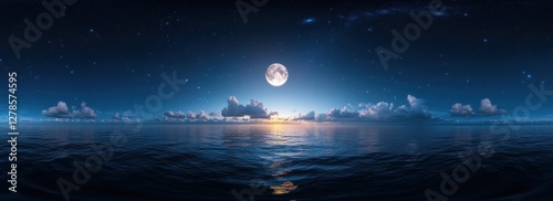 Full moon over calm ocean at night.