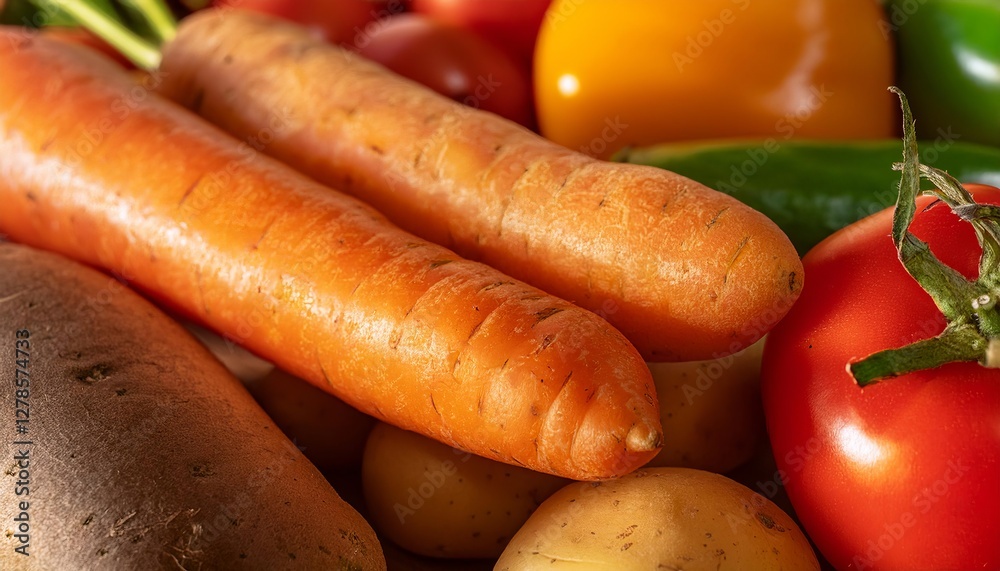 Fresh carrots lying on potatoes with other vegetables in the background Fresh carrots lying on potatoes with other vegetables in the background