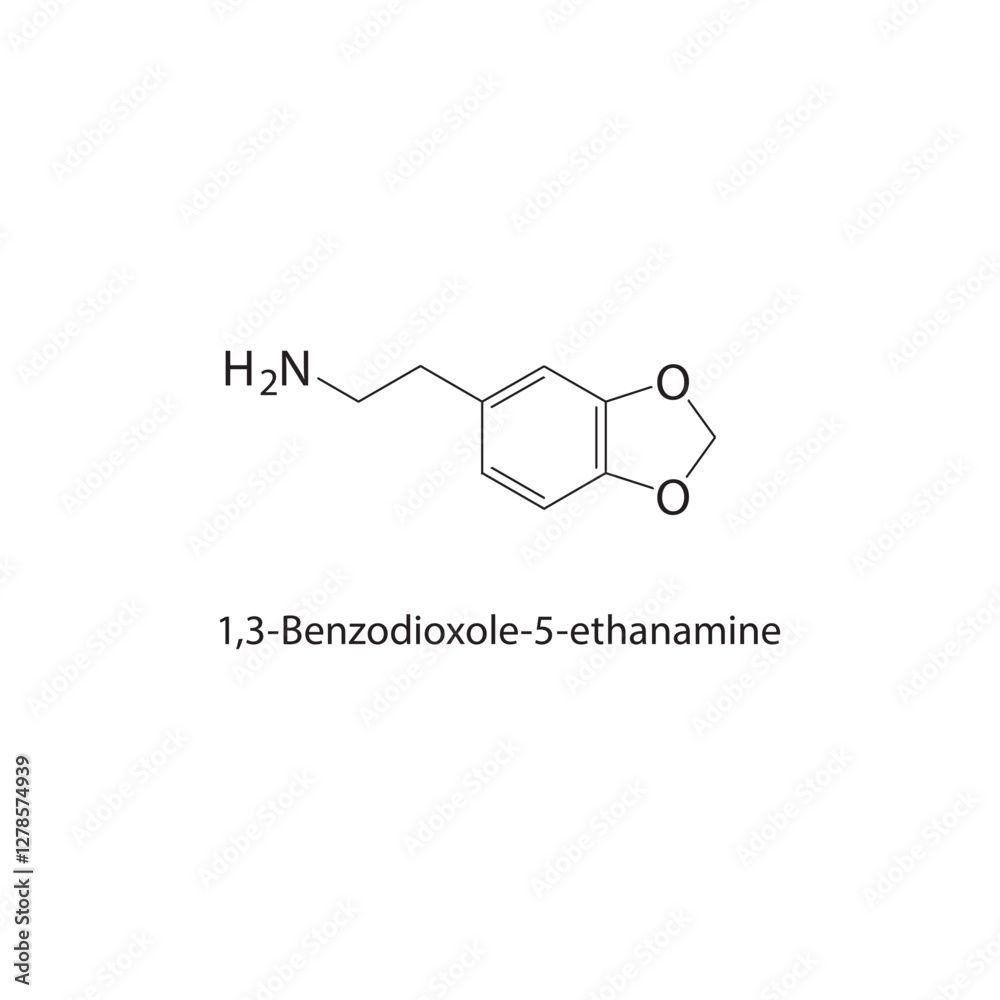 Naklejka premium 1,3-Benzodioxole-5-ethanamine skeletal structure.Amine compound schematic illustration. Simple diagram, chemical formula.