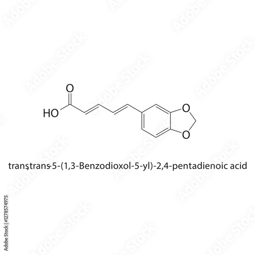 trans,trans-5-(1,3-Benzodioxol-5-yl)-2,4-pentadienoic acid skeletal structure.Carboxylic Acid compound schematic illustration. Simple diagram, chemical formula.