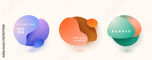 Abstract liquid shapes set vector background. Fluid graphic design in bright color. Isolated gradient wave figure in retro flat minimal style. Organic round forms with textured effect