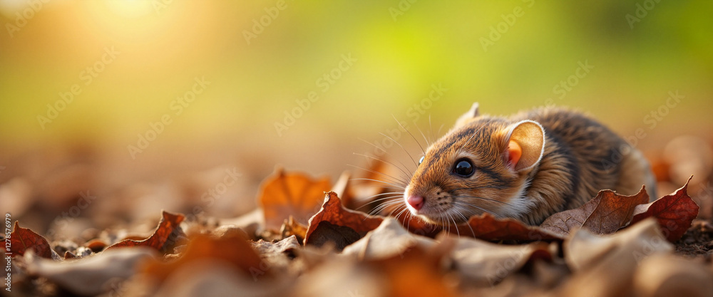 House mouse blending into dry leaves in morning light, nature's harmony House mouse blending into dry leaves in morning light, nature's harmony