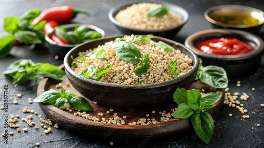 A bowl of quinoa topped with fresh basil, surrounded by ingredients for a healthy meal. A bowl of quinoa topped with fresh basil, surrounded by ingredients for a healthy meal.