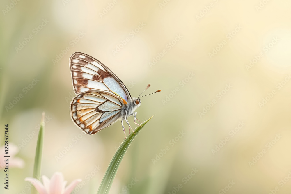 Fototapeta premium Warm-toned fluffy brown butterfly perched on a single blade of grass against a softly blurred beige background, a gentle and natural representation of wildlife in delicate balance.