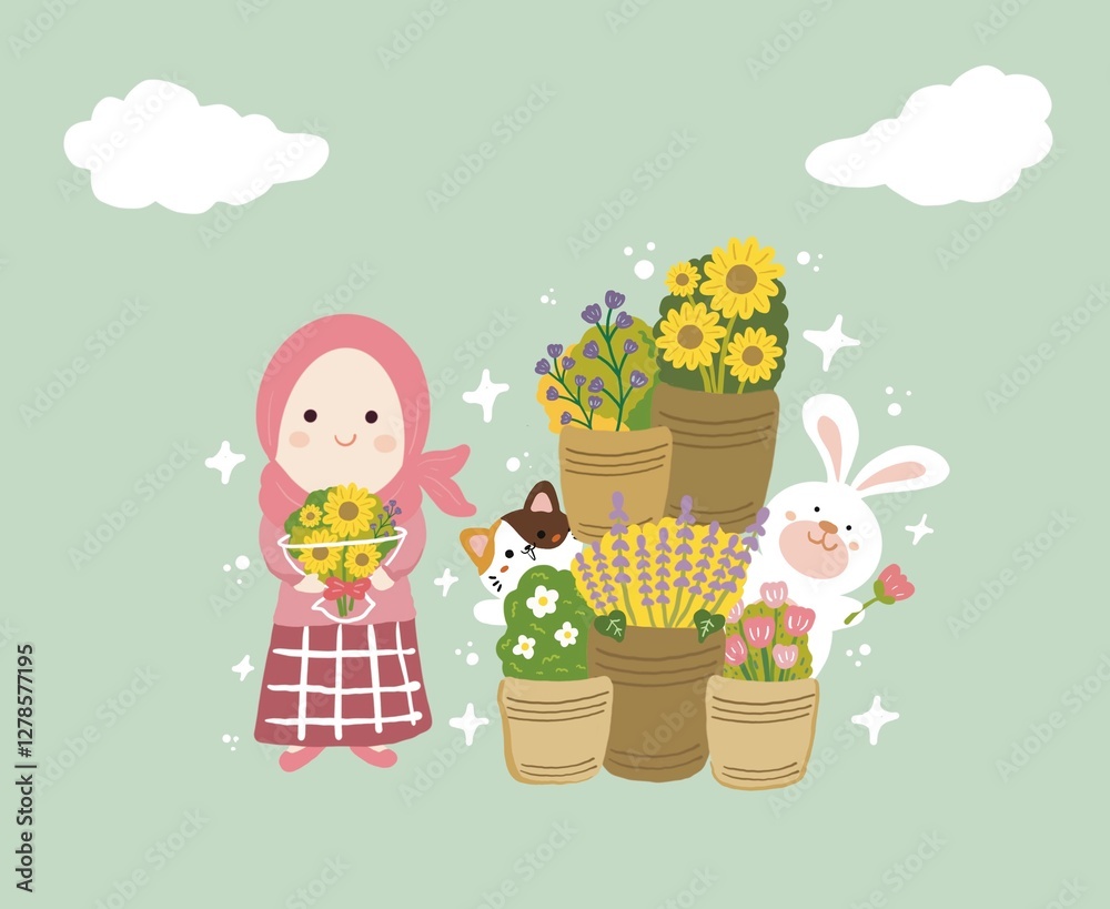 Naklejka premium ramadhan elements - cute muslimah on ramadhan - cute islamic hijab girl on ied mubarak with bouquet of flowers and cat