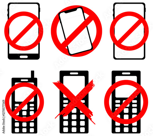 Set of No Mobile Phones, Prohibition Mark, Cross Sign on Smart Phones and Feature Phones Vector Illustration