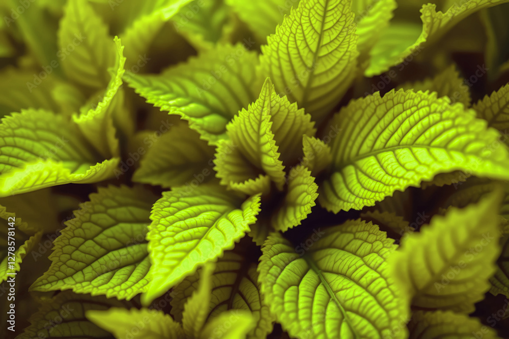 Close-up of plant leaves with carved leaves in the sunlight. Botanical background.