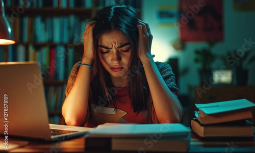 Young woman student stressed studying late night at desk with laptop and books, concept for education, learning, exam preparation, and stress
