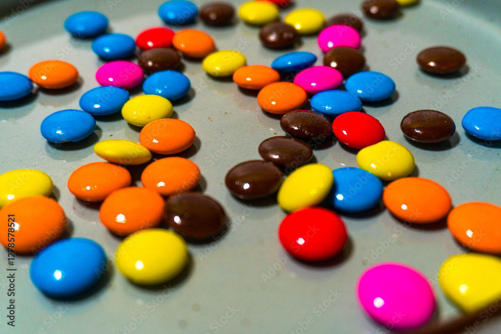 Close-up of vibrant candy-coated chocolates on a ceramic plate, perfect for dessert and party-themed projects Close-up of vibrant candy-coated chocolates on a ceramic plate, perfect for dessert and party-themed projects
