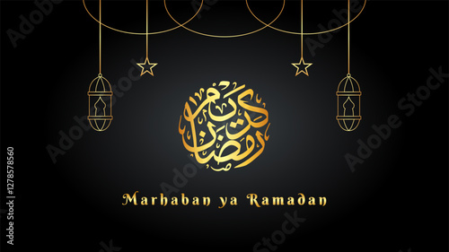 Elegant Ramadan greeting card with golden Arabic calligraphy on a dark background Vector illustration. Translate: May your Ramadan be blessed or full of generosity