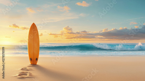 Yellow surfboard stands on sandy beach at sunset with ocean waves in background photo