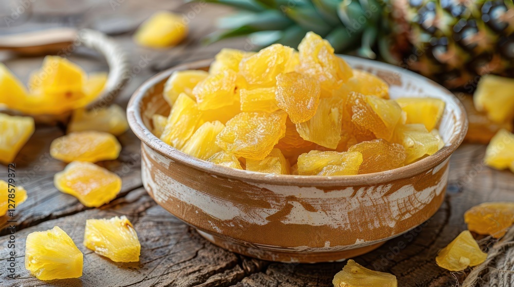 A bowl of dried pineapple chunks surrounded by fresh pineapple pieces on a wooden table. A bowl of dried pineapple chunks surrounded by fresh pineapple pieces on a wooden table.