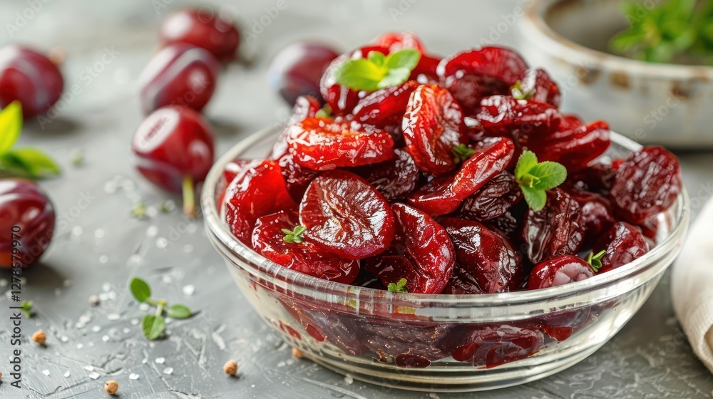 A bowl of dried cranberries garnished with herbs, surrounded by fresh cranberries. A bowl of dried cranberries garnished with herbs, surrounded by fresh cranberries.
