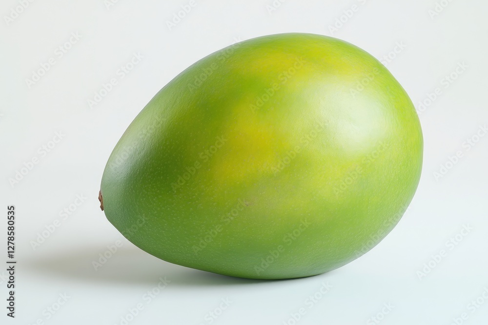 A Single Green Mango Rests on White Background A Single Green Mango Rests on White Background