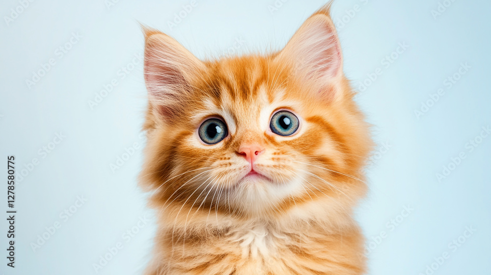 A delightful close-up view of an adorable small orange kitten with striking blue eyes, playfully exploring its surroundings with an inquisitive expression and fluffy fur. A delightful close-up view of an adorable small orange kitten with striking blue eyes, playfully exploring its surroundings with an inquisitive expression and fluffy fur.