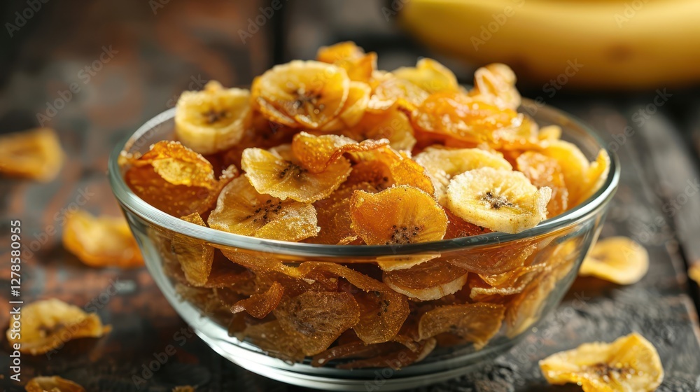 A bowl of dried banana chips on a wooden surface, showcasing a healthy snack option. A bowl of dried banana chips on a wooden surface, showcasing a healthy snack option.