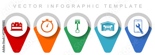 Workshop pointer collection, miscellaneous icons such as battery, timer, piston, car cleaning and phone service, flat design vector infographic template in eps 10