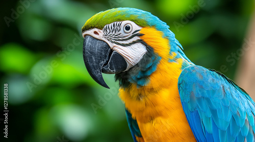 A stunning close-up of a vibrant blue and yellow parrot displaying its dazzling feathers while perched on a lush green branch in a tropical paradise.