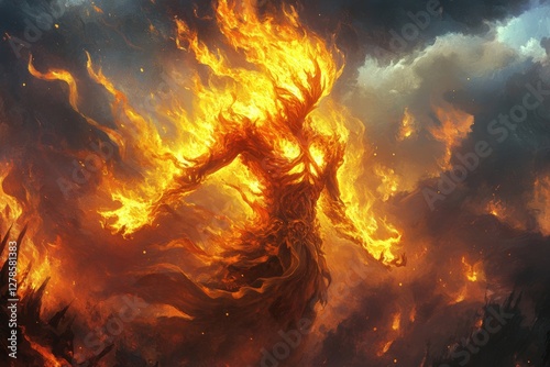 Fiery mythical creature engulfed in flames amidst a dramatic sky