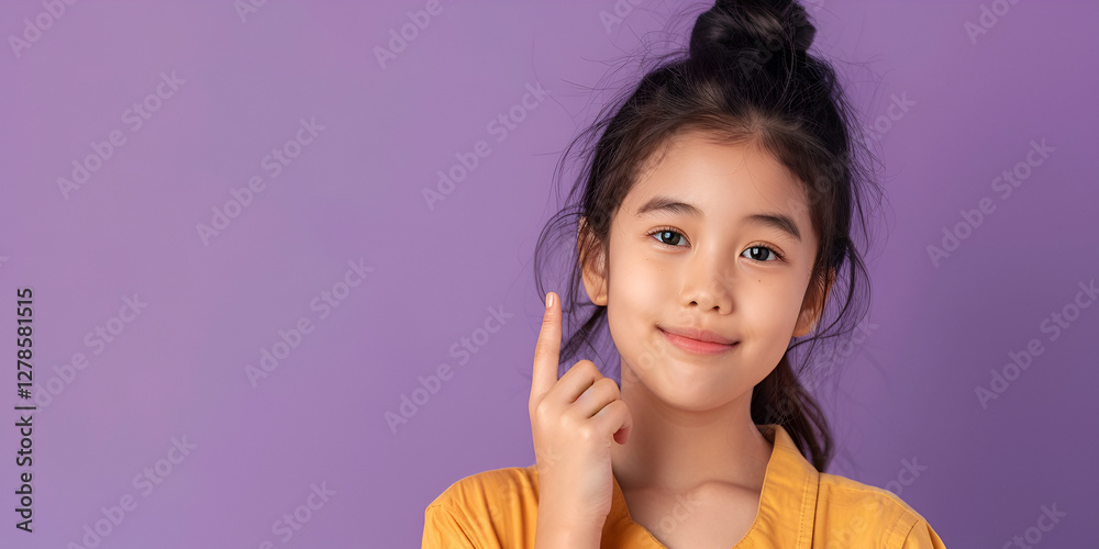 Smiling young girl in a yellow outfit, pointing upwards with a purple background, representing happiness, education, and playful moments for children Smiling young girl in a yellow outfit, pointing upwards with a purple background, representing happiness, education, and playful moments for children