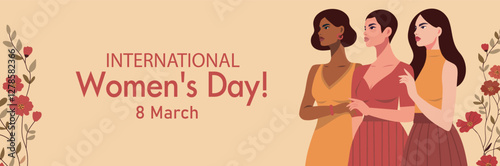 Women's Day. March 8. Different women together on the background of spring flowers, the fight for gender equality, freedom, women's empowerment. Vector horizontal banner for women's projects