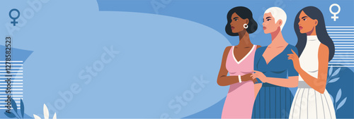 Women's Day. March 8. Women of different skin colors and cultures stand together against a backdrop of sky and flowers, gender equality, women's empowerment and women's rights. For women's projects
