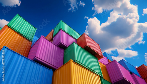 A vibrant array of multi-colored shipping containers stacked neatly against a brilliant blue sky, showcasing the bustling activity of maritime trade in a lively port setting.
