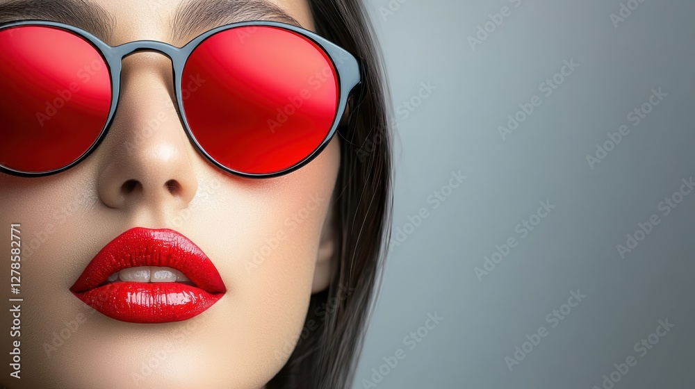 Striking red, a fashion portrait of woman with bold sunglasses and matching lipstick Striking red, a fashion portrait of woman with bold sunglasses and matching lipstick