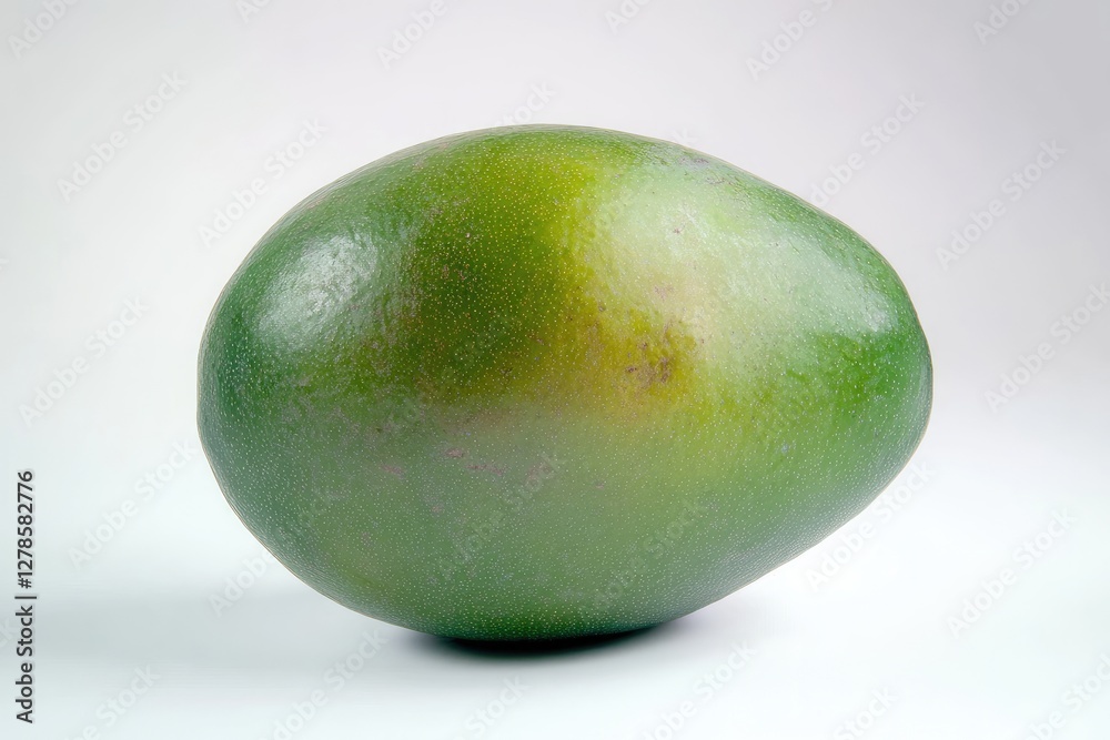 A Single Green Mango Rests On A White Background