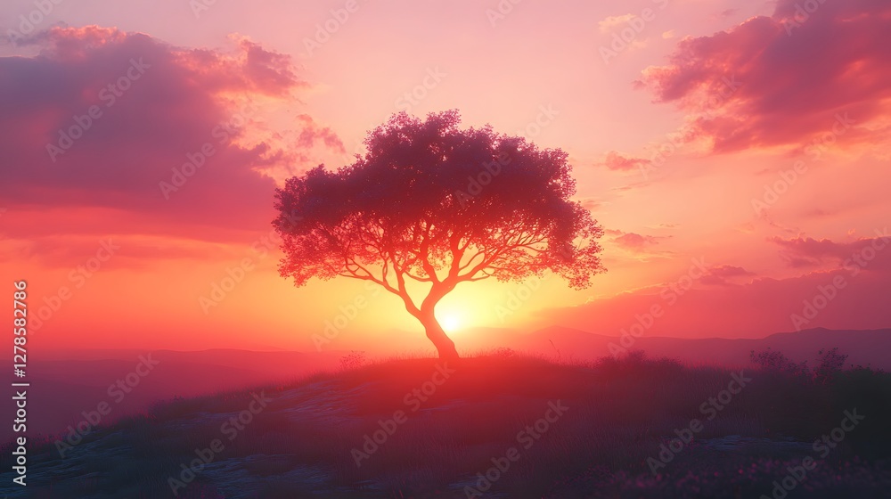 Sunset sky glows with soft pink and orange clouds behind silhouetted tree, creating minimalist landscape with peaceful dusk scene, gentle gradient colors, and ethereal lighting in tranquil evening Sunset sky glows with soft pink and orange clouds behind silhouetted tree, creating minimalist landscape with peaceful dusk scene, gentle gradient colors, and ethereal lighting in tranquil evening