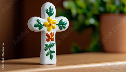 A High-Detail Macro Shot Capturing the Intricate Textures and Elegance of a Charming Small White Ceramic Cross, Staged Against a Soft, Natural Background to Highlight Its Beauty and Craftsmanship