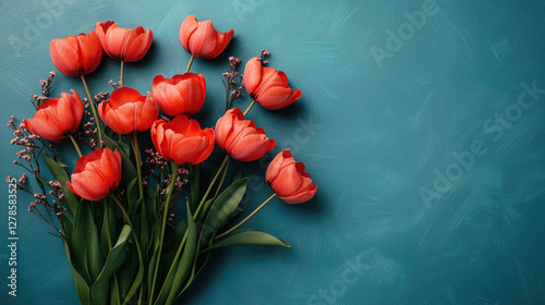 Red tulips on a blue background. Banner for Mother's Day, Birthday. Copy space
