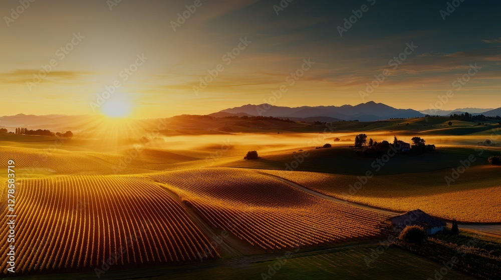 Obraz premium Breathtaking Panoramic View of Vineyards Bathed in Golden Light