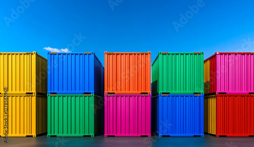 A vibrant array of colorful shipping containers neatly stacked against a clear blue sky, showcasing the industrial charm of maritime logistics and transport.