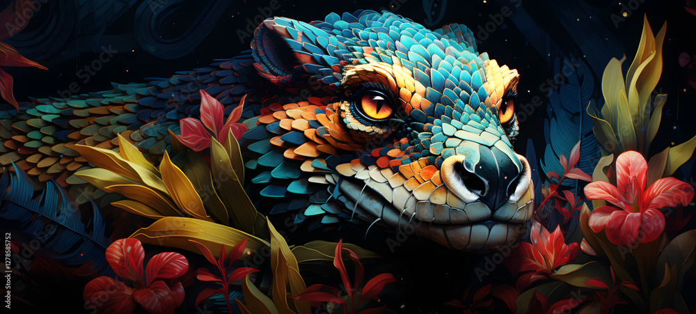 snake and leaves, colorful patterns on a dark background, ai generative snake and leaves, colorful patterns on a dark background, ai generative