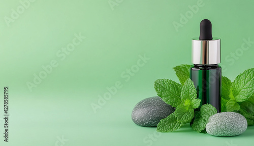 Sophisticated modern aromatherapy display featuring a sleek bottle of serum and natural stones elegantly arranged on a soothing green backdrop, embodying tranquility and wellness.
