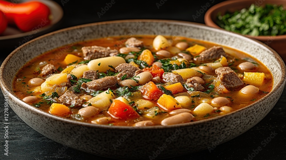 Hearty beef stew, vegetables, dark background, rustic bowl, food photography Hearty beef stew, vegetables, dark background, rustic bowl, food photography