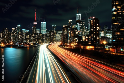 Night city lights, highway traffic, Toronto skyline, urban expressway photo