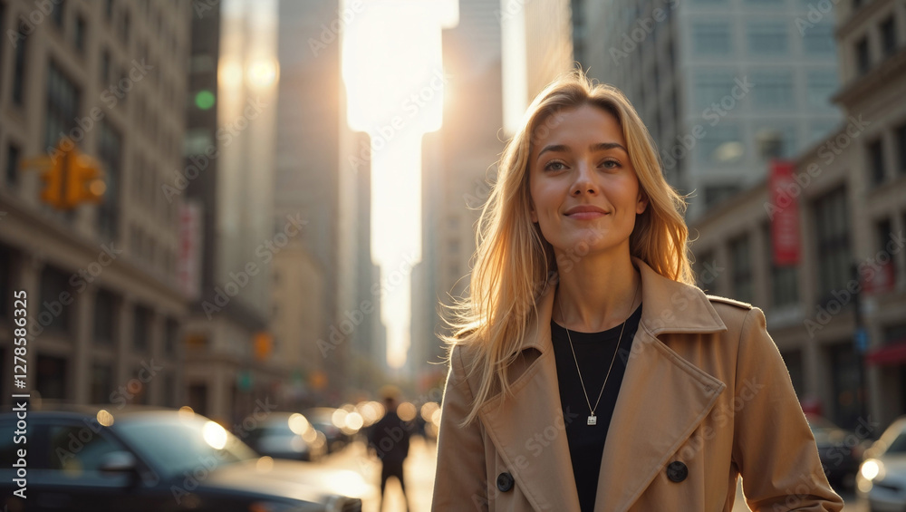 Obraz premium Confident Young Woman Walking in the City at Sunset
