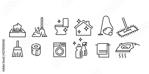 Cleaning line icons set. wash, spray, stroke, dust, hygiene, outline, cloth, maid, drop, liquid, service, window, brush, tool, housekeeping, dirty, soap, washing, mop, household, work, washer