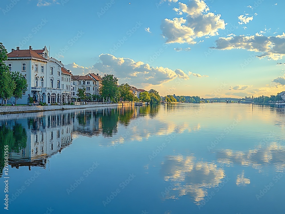Obraz premium Riverfront buildings sunset reflection