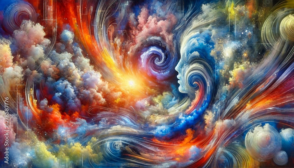 A large abstract digital painting representing emotions and ideas. The artwork features a blend of vibrant colors, fluid shapes, and dynamic brushstroke A large abstract digital painting representing emotions and ideas. The artwork features a blend of vibrant colors, fluid shapes, and dynamic brushstroke