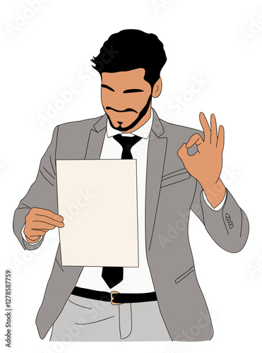 Business man in a suit holding a blank piece of paper. He is giving a thumbs up sign. Flat vector illustration isolated on transparent background