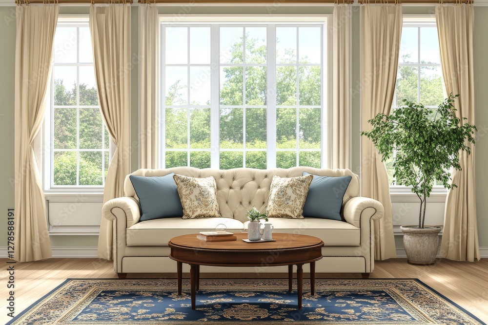 Elegant Living Room Interior Design with Beige Sofa Coffee Table and Blue Area Rug near Large Elegant Living Room Interior Design with Beige Sofa Coffee Table and Blue Area Rug near Large