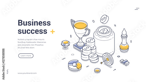Business success modern isometric line art web banner template. Importance of budget saving in achieving goals