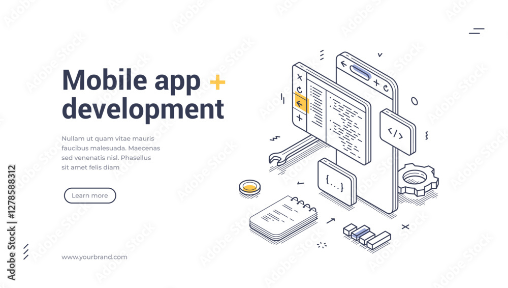Mobile app development web banner features a detailed isometric line art design. Icons and elements like coding screens and tools, emphasizing modern tech design