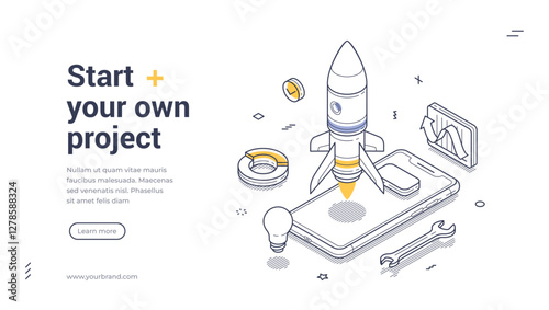 Isometric line art web banner template promotes project initiation. Featuring a rocket, smartphone, and tools, it serves as a web banner to inspire creativity and action